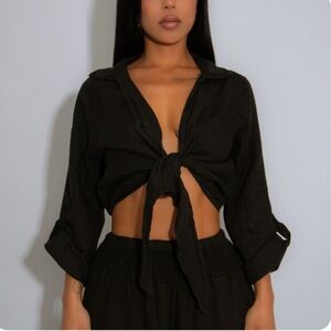 Black Tie-Front Women's Top